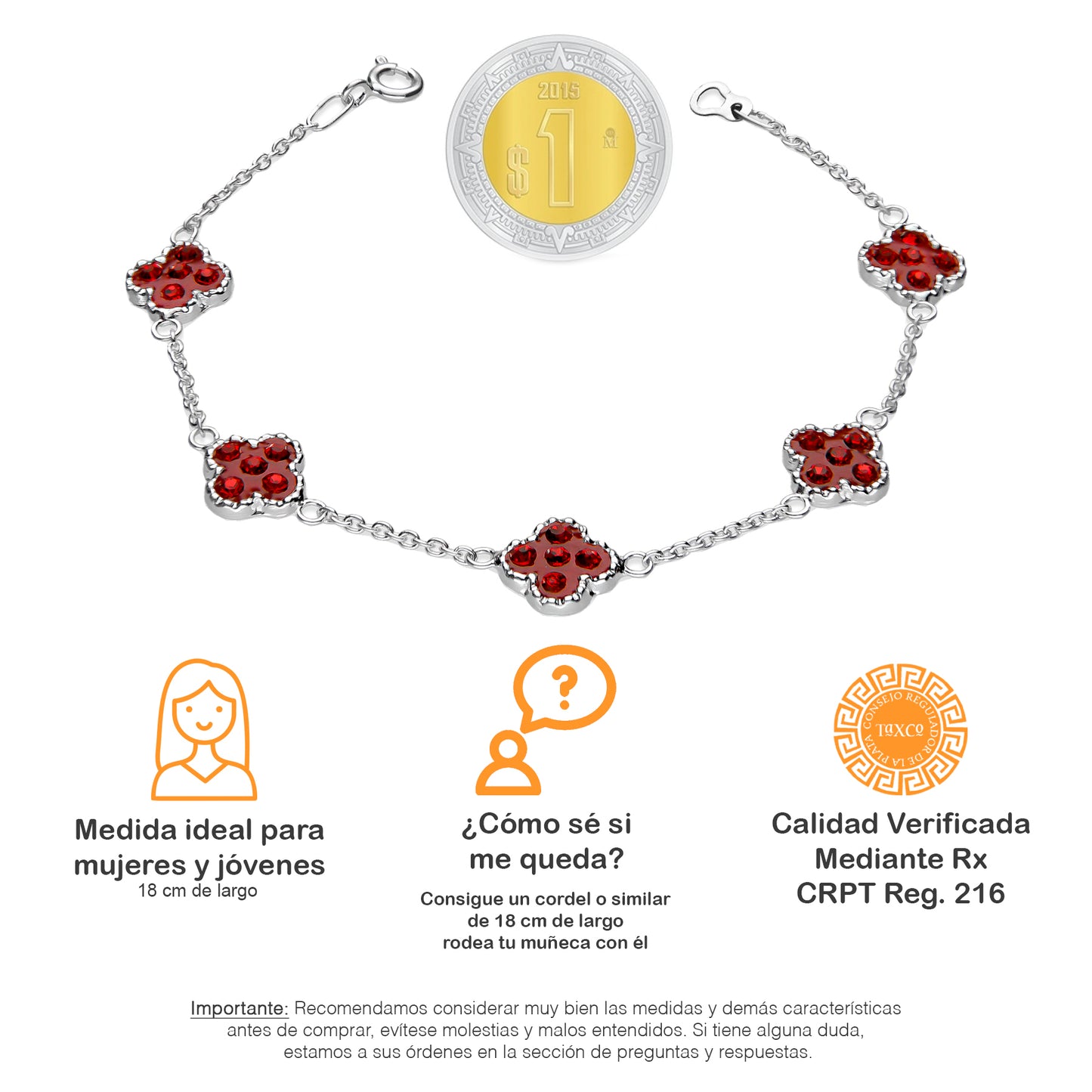 LPPD086 Pulsera Trebol Cristalitos Rojos 18 cm en Plata Ley .925 2039169063