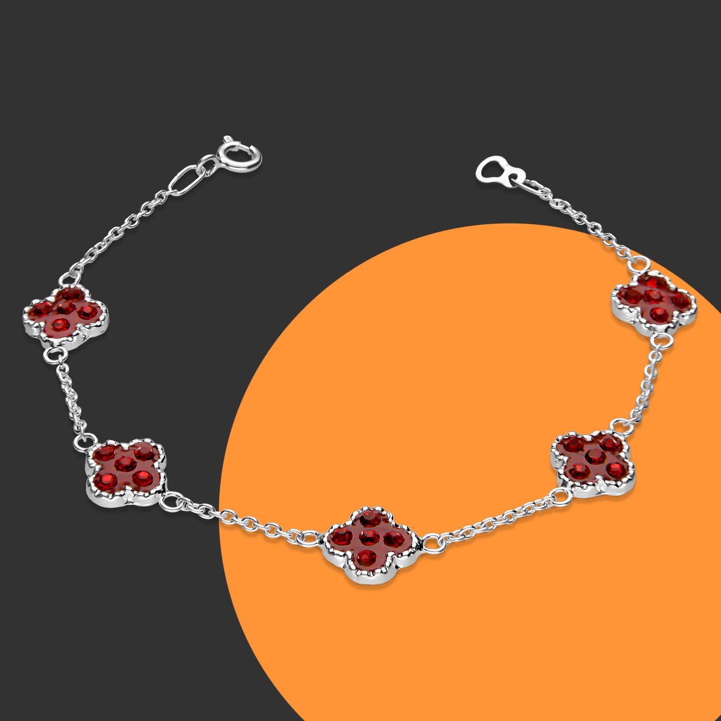 LPPD086 Pulsera Trebol Cristalitos Rojos 18 cm en Plata Ley .925 2039169063