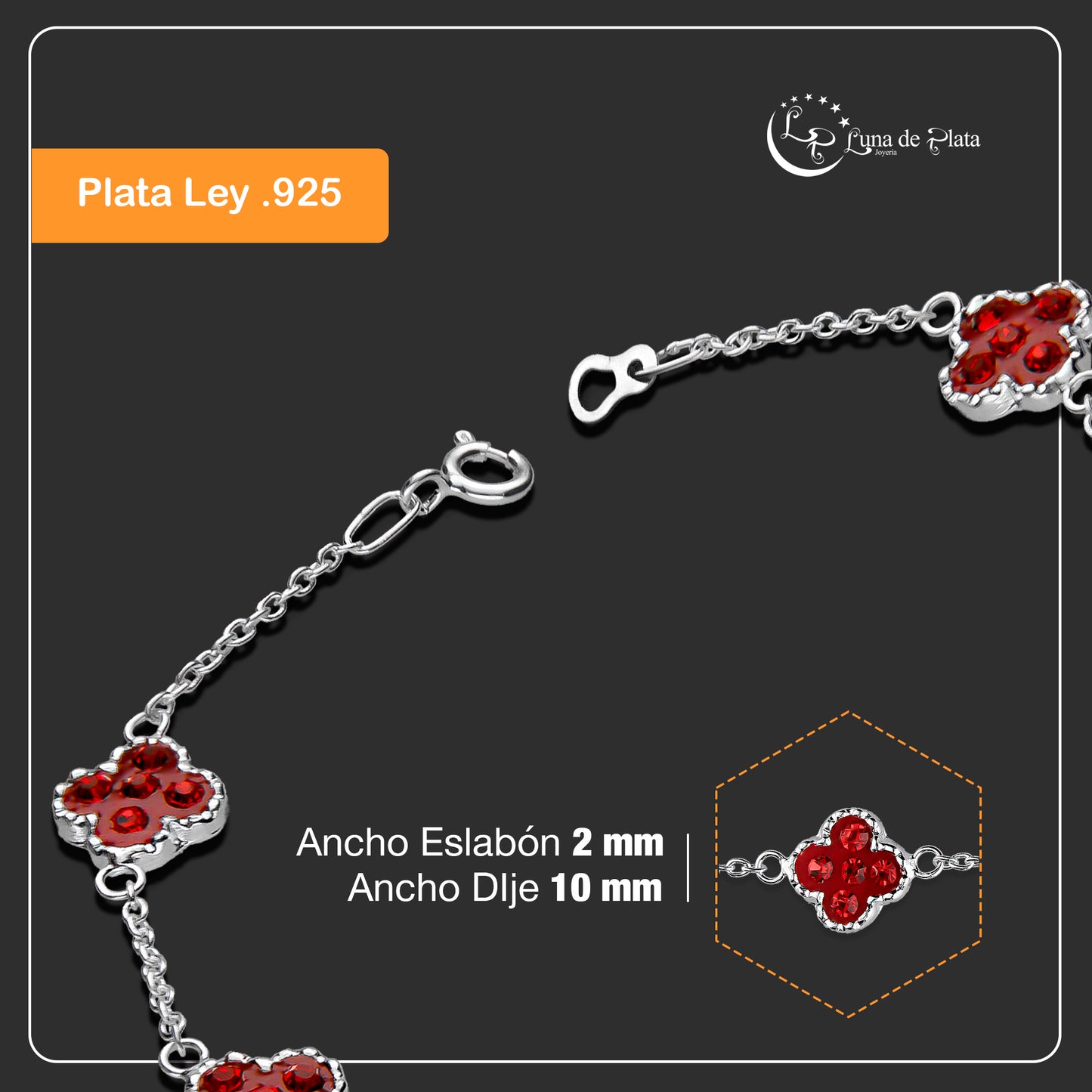 LPPD086 Pulsera Trebol Cristalitos Rojos 18 cm en Plata Ley .925 2039169063