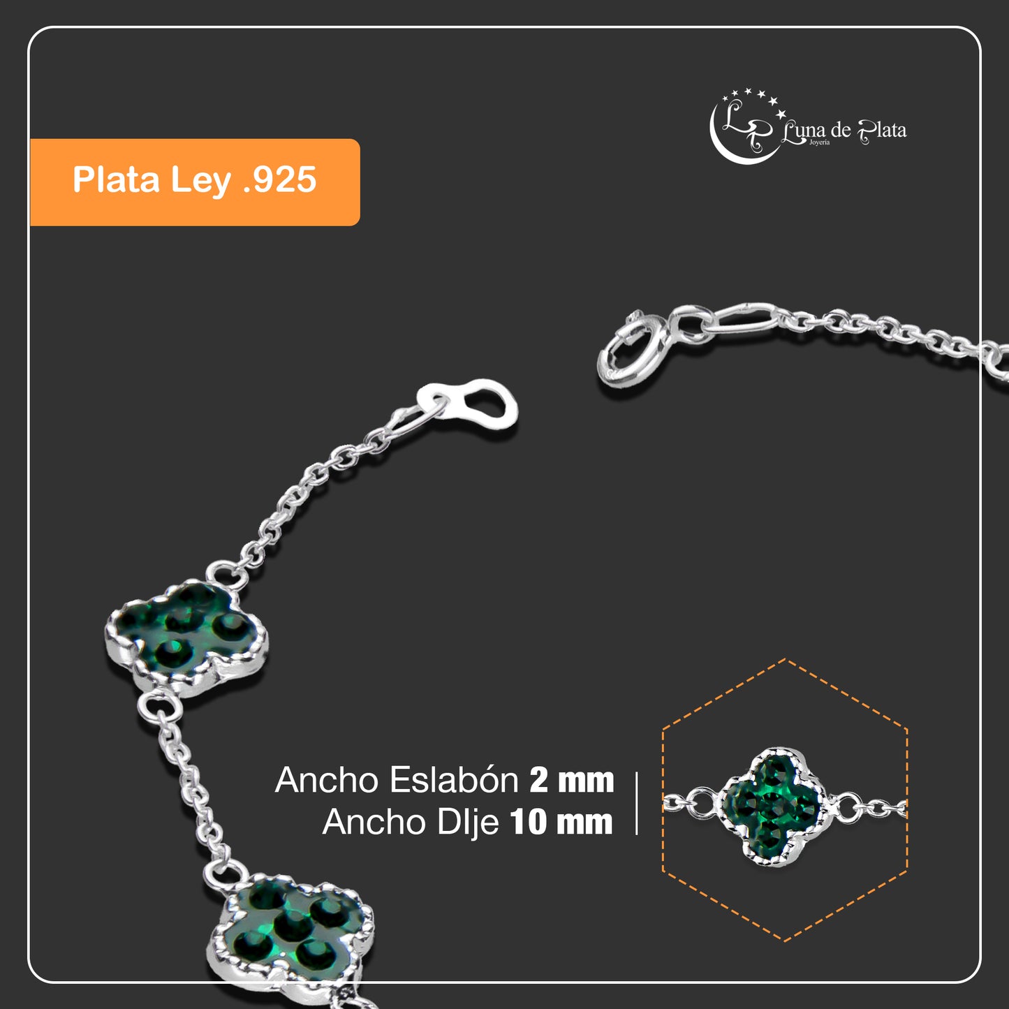 LPPD087 Pulsera Trebol Cristalitos Verde 18 cm en Plata Ley .925 2962261508