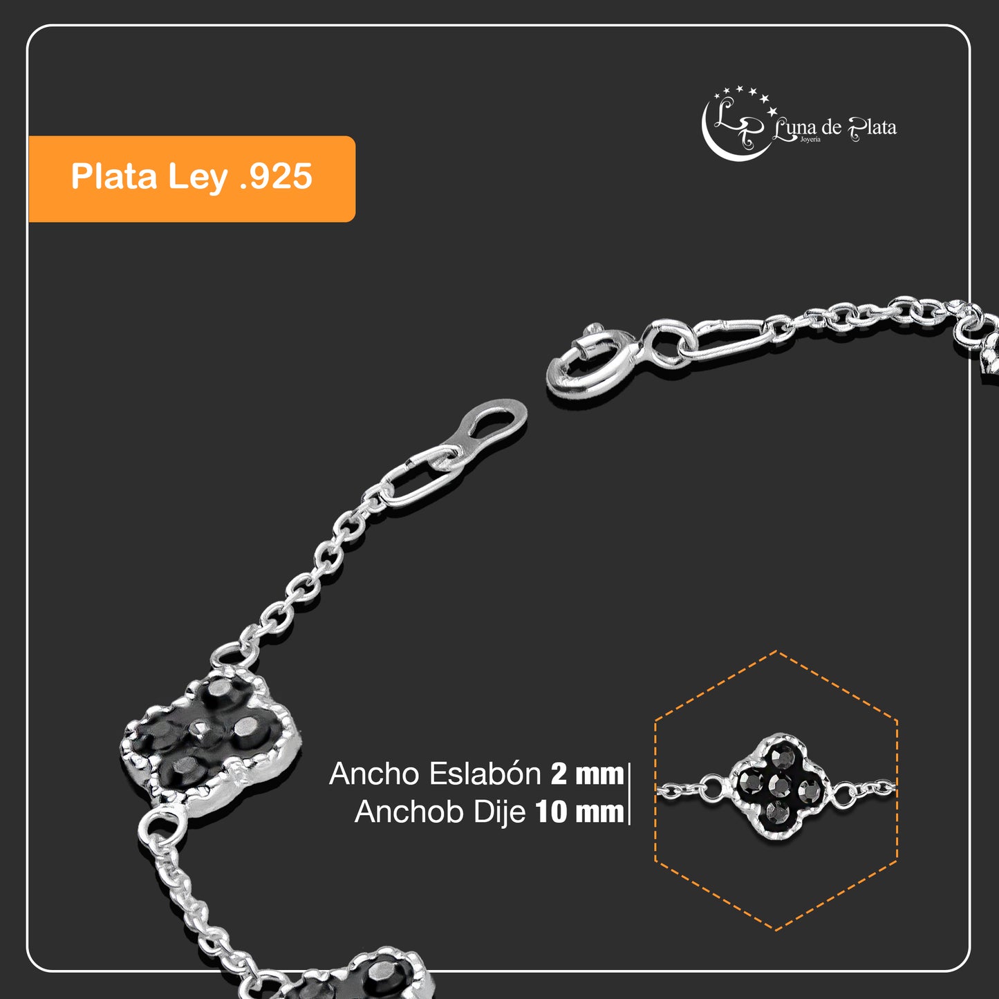 LPPD095 Pulsera Trebol Cristalitos Negro 18 cm en Plata Ley .925 2054865943