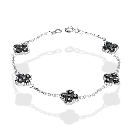 LPPD095 Pulsera Trebol Cristalitos Negro 18 cm en Plata Ley .925 2054865943