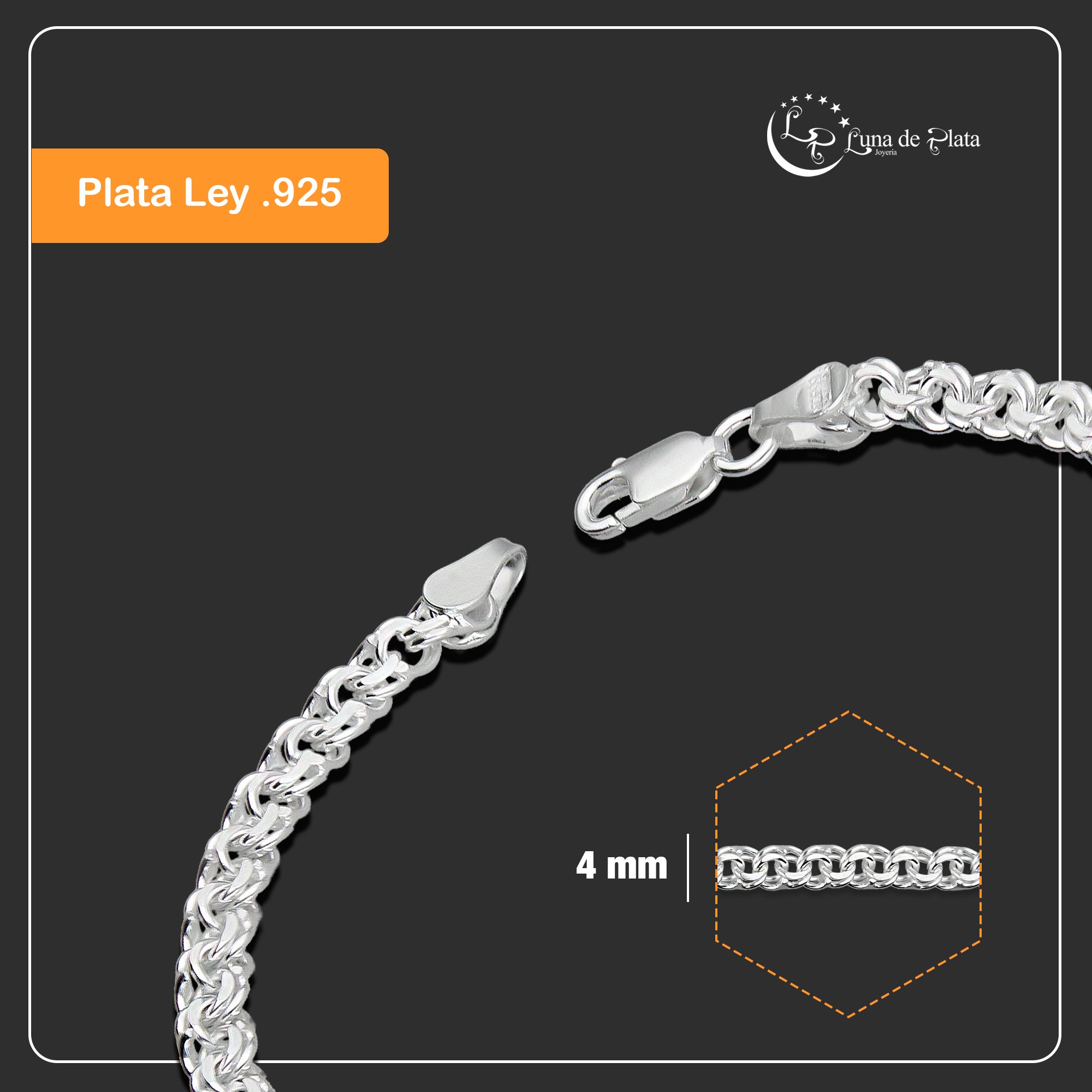 LPPD111 Pulsera Tejido Chino 4 mm x 18 cm en Plata Ley .925 3611568382