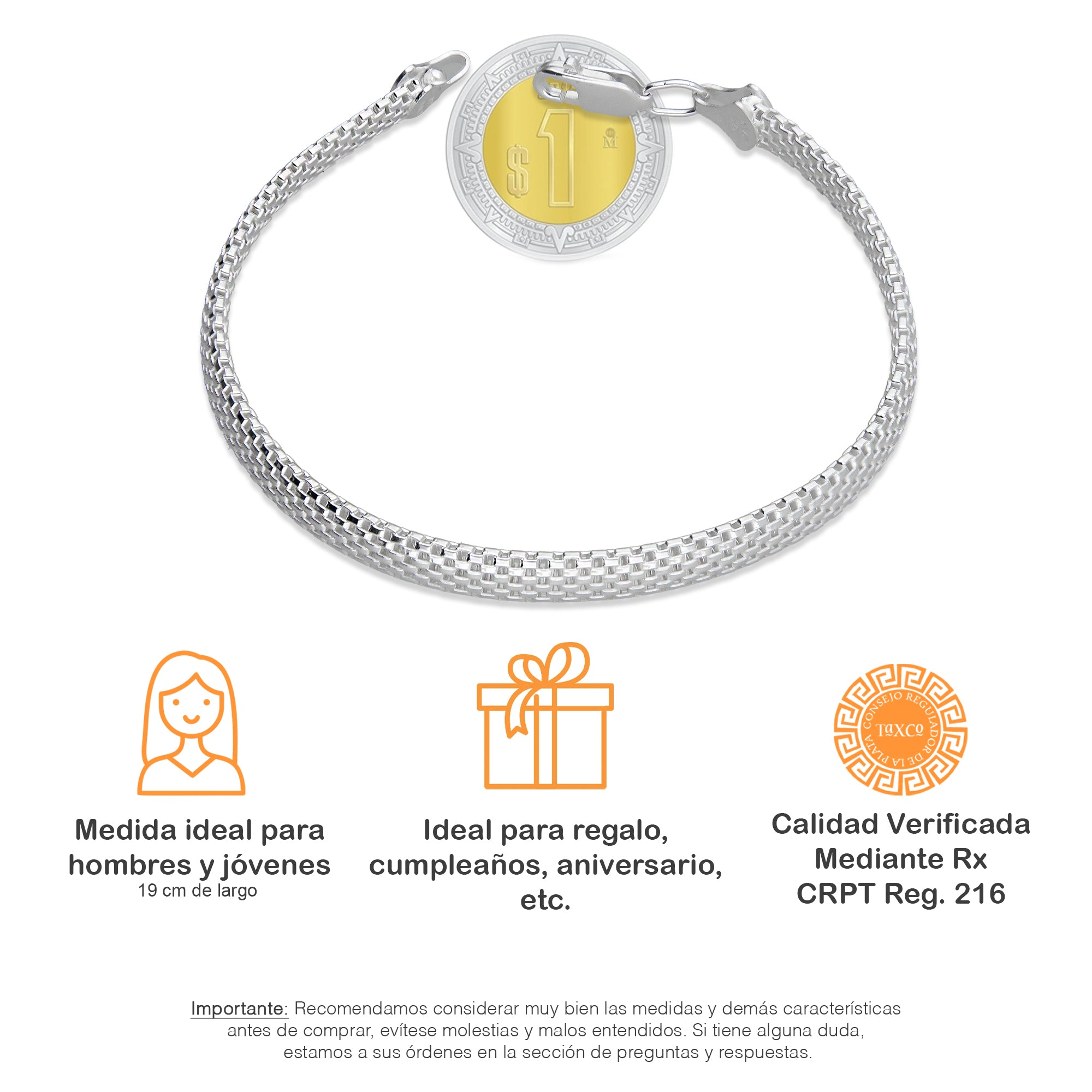 LPPD112 Pulsera Bizmark 5 mm x 19 cm en Plata Ley .925 3611423990