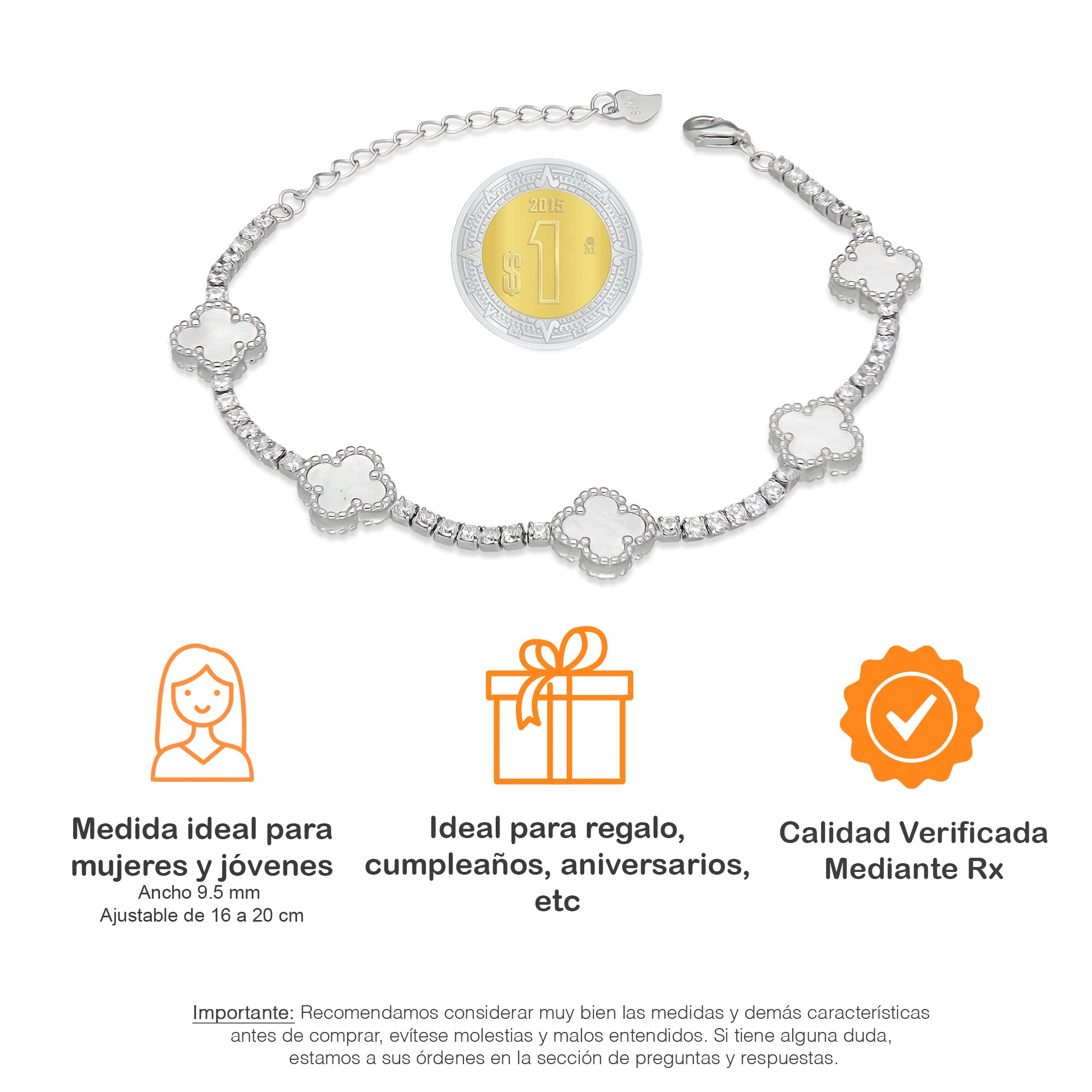 LPPD114 Pulsera Dama Mod 5 Trébol Blancos con Zirconias 9.5 mm Ajustable de 16 a 20 cm en Plata .925