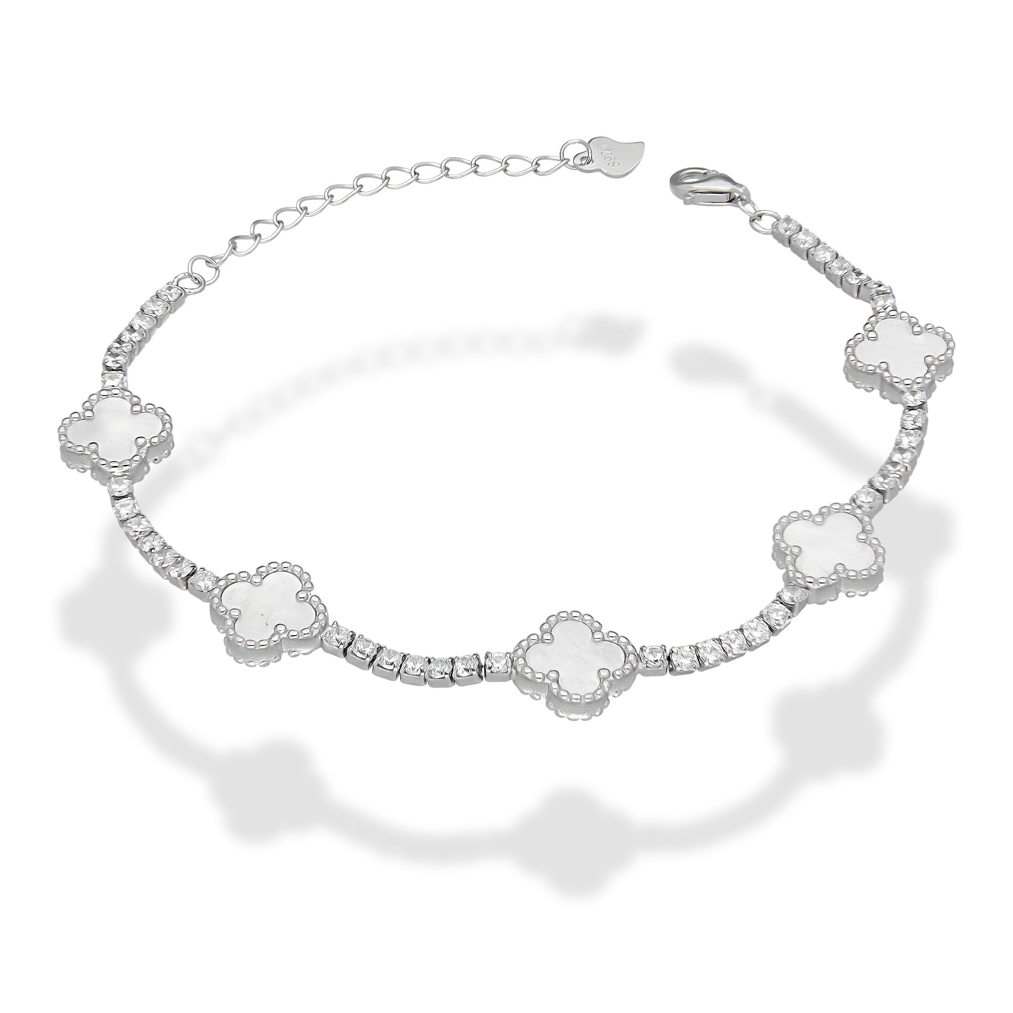 LPPD114 Pulsera Dama Mod 5 Trébol Blancos con Zirconias 9.5 mm Ajustable de 16 a 20 cm en Plata .925