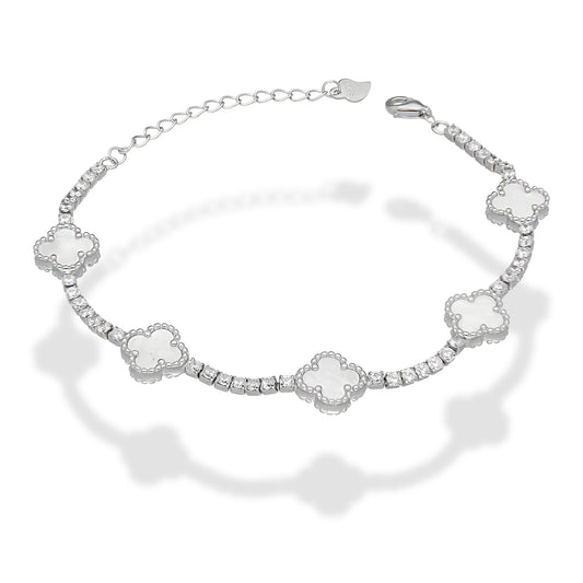 LPPD114 Pulsera Dama Mod 5 Trébol Blancos con Zirconias 9.5 mm Ajustable de 16 a 20 cm en Plata .925