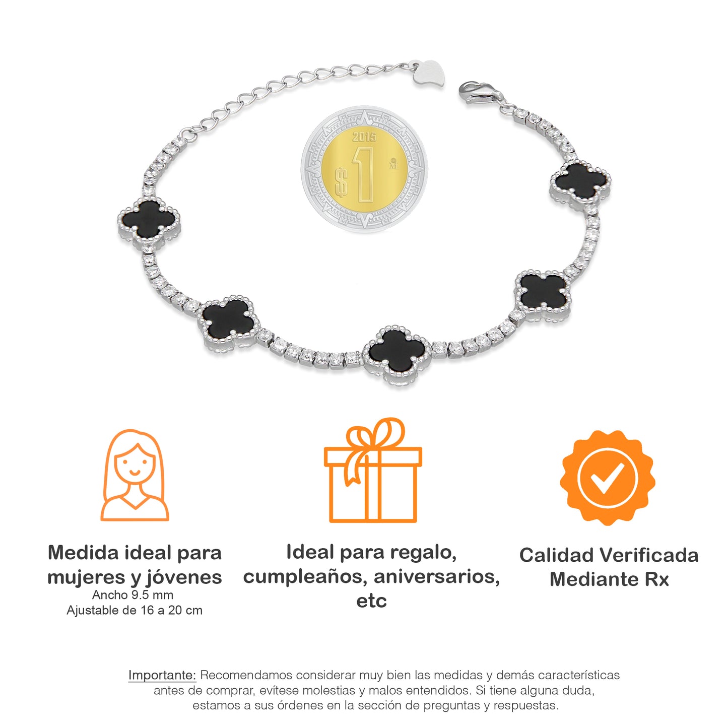 LPPD115 Pulsera Dama Mod 5 Trébol Negros con Zirconias 9.5 mm Ajustable de 16 a 20 cm en Plata .925