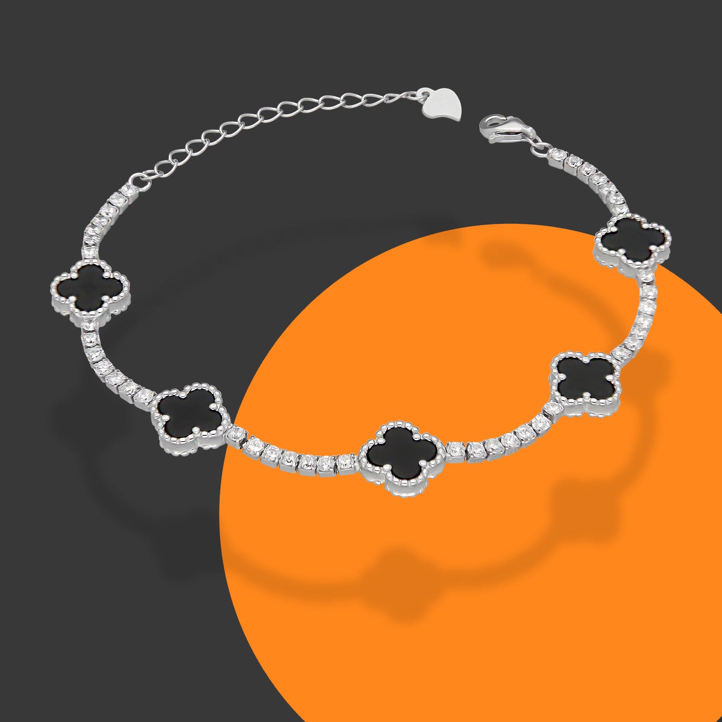 LPPD115 Pulsera Dama Mod 5 Trébol Negros con Zirconias 9.5 mm Ajustable de 16 a 20 cm en Plata .925