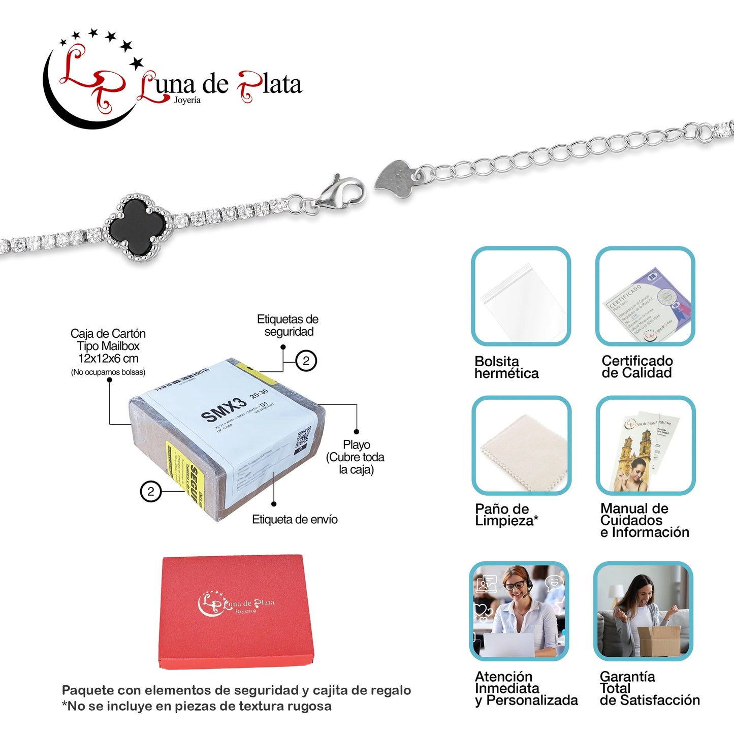 LPPD115 Pulsera Dama Mod 5 Trébol Negros con Zirconias 9.5 mm Ajustable de 16 a 20 cm en Plata .925