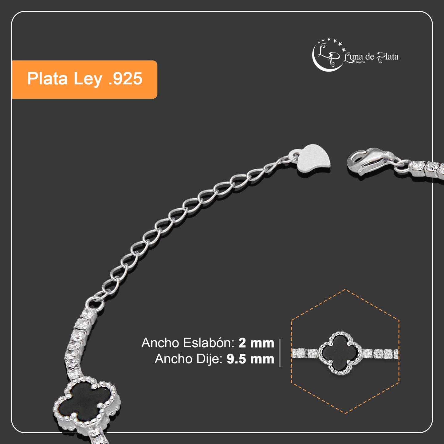 LPPD115 Pulsera Dama Mod 5 Trébol Negros con Zirconias 9.5 mm Ajustable de 16 a 20 cm en Plata .925