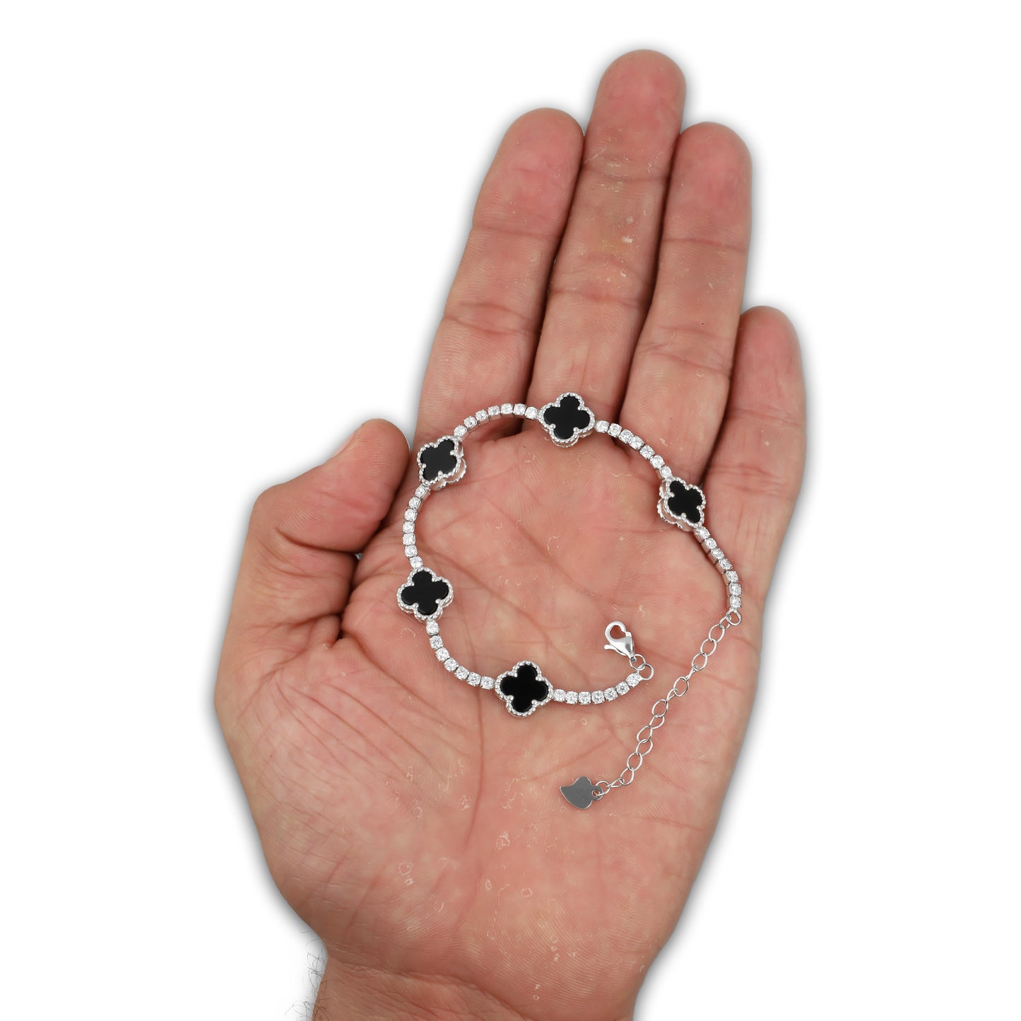 LPPD115 Pulsera Dama Mod 5 Trébol Negros con Zirconias 9.5 mm Ajustable de 16 a 20 cm en Plata .925