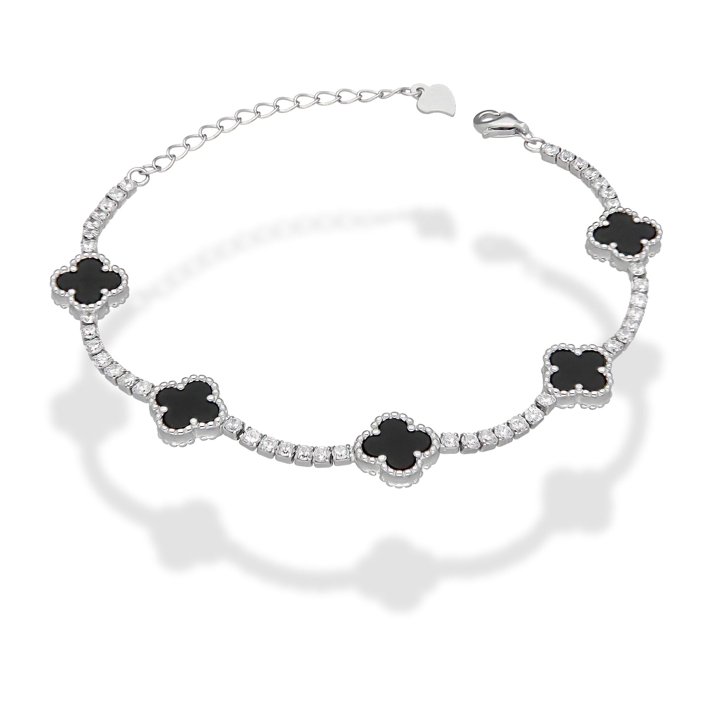 LPPD115 Pulsera Dama Mod 5 Trébol Negros con Zirconias 9.5 mm Ajustable de 16 a 20 cm en Plata .925