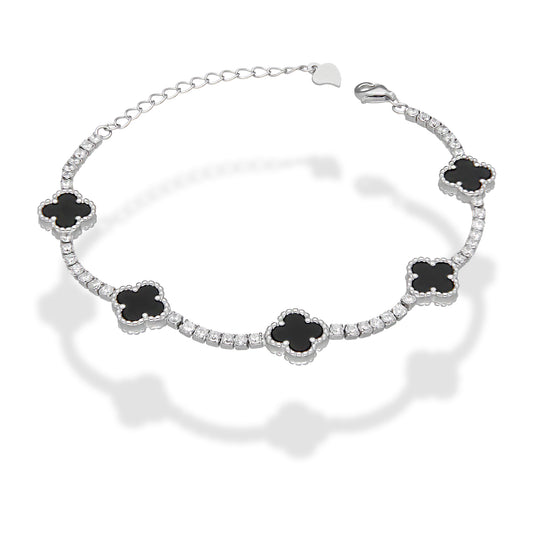 LPPD115 Pulsera Dama Mod 5 Trébol Negros con Zirconias 9.5 mm Ajustable de 16 a 20 cm en Plata .925