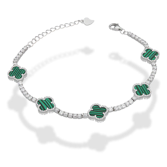 LPPD116 Pulsera Dama Mod 5 Trébol Verdes con Zirconias 9.5 mm Ajustable de 16 a 19 cm en Plata .925