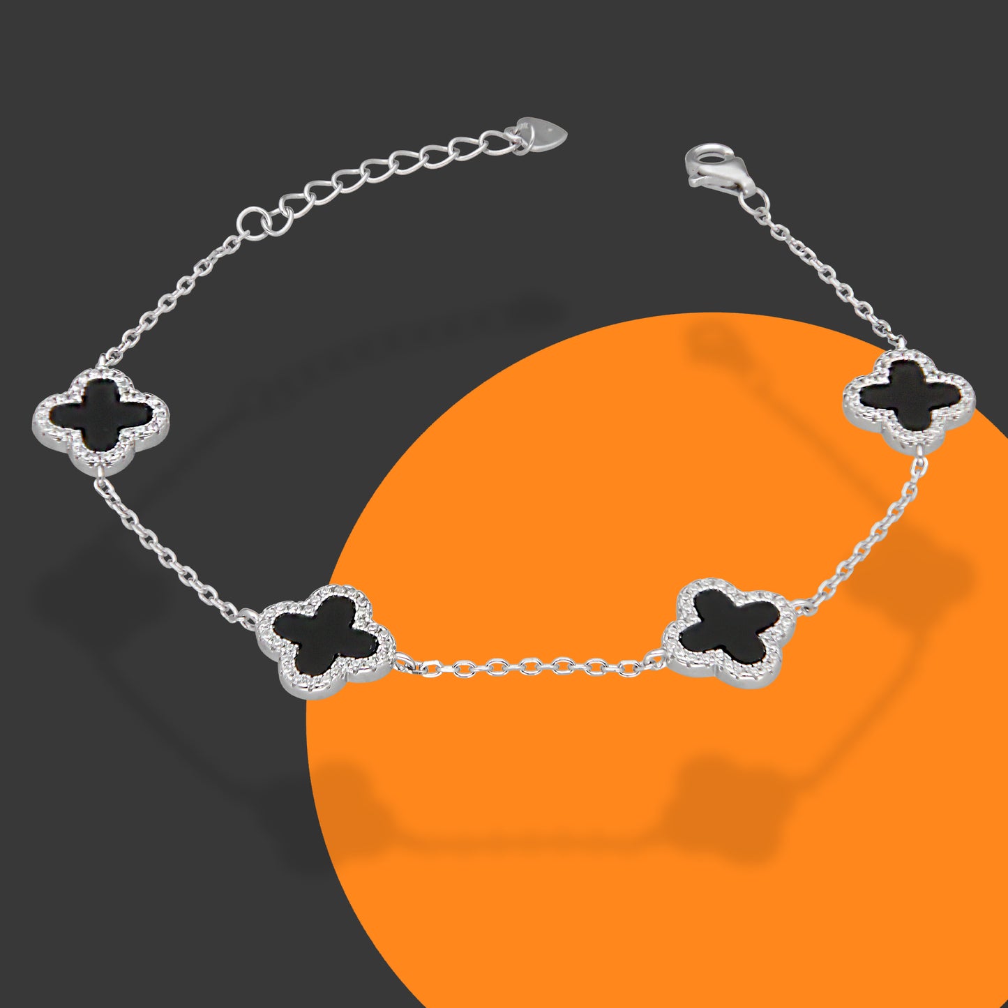 LPPD117 Pulsera Dama Mod 4 Trébol Negros Orilla Zirconia 1.1 cm Ajustable de 16.5 a 19.5 cm en Plata .925