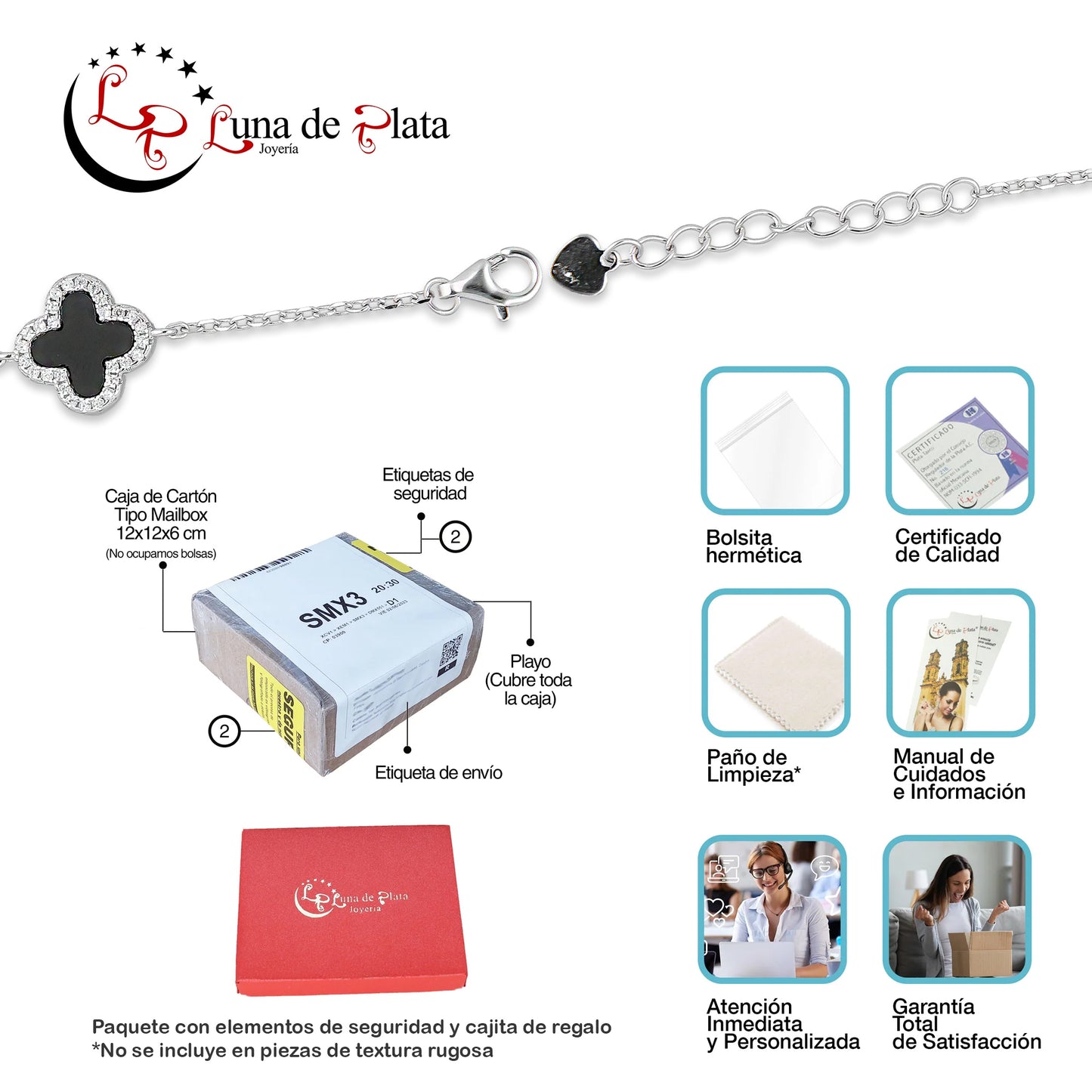 LPPD117 Pulsera Dama Mod 4 Trébol Negros Orilla Zirconia 1.1 cm Ajustable de 16.5 a 19.5 cm en Plata .925