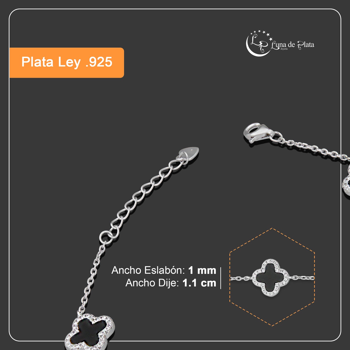LPPD117 Pulsera Dama Mod 4 Trébol Negros Orilla Zirconia 1.1 cm Ajustable de 16.5 a 19.5 cm en Plata .925