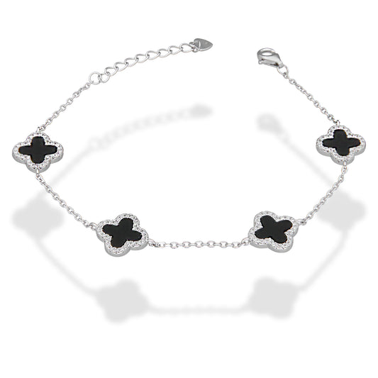 LPPD117 Pulsera Dama Mod 4 Trébol Negros Orilla Zirconia 1.1 cm Ajustable de 16.5 a 19.5 cm en Plata .925