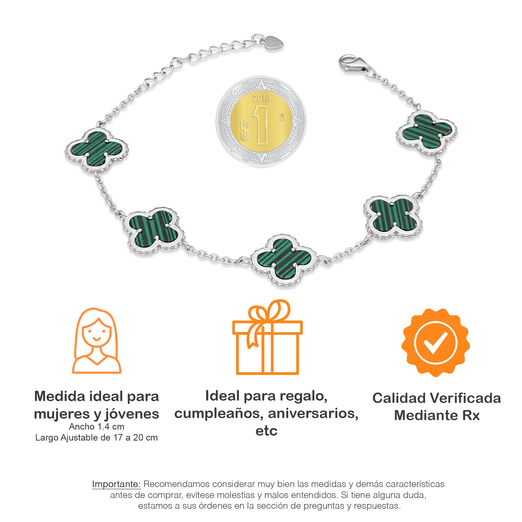 LPPD118 Pulsera Dama Mod 5 Trébol Verdes 1.4 cm Ajustable de 17 a 20 cm en Plata .925