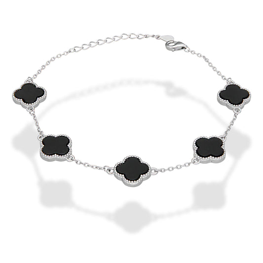 LPPD119 Pulsera Dama Mod 5 Trébol Negro 1.2 cm Ajustable de 18 a 21 cm en Plata .925