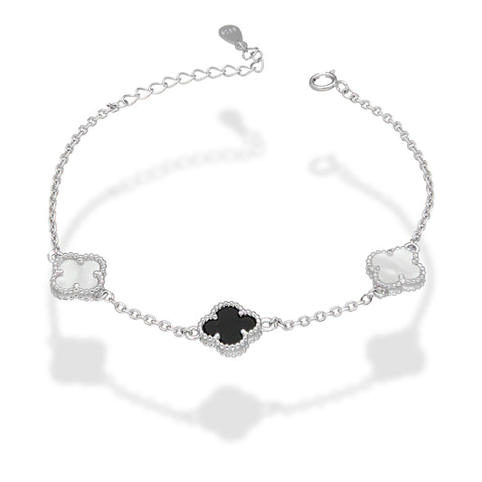 LPPD120 Pulsera Dama Mod 2 Trébol Blanco y 1 Negro 1 cm Ajustale de 17 a 20.5 cm en Plata .925