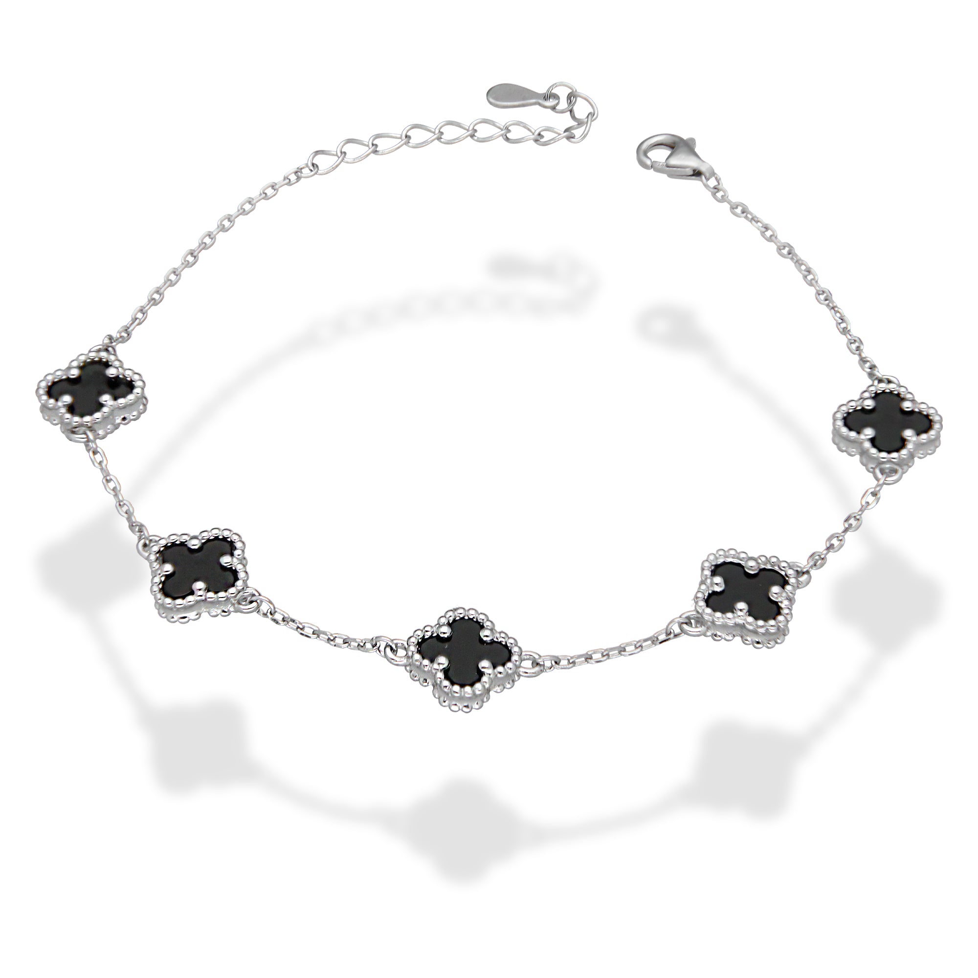 LPPD121 Pulsera Dama Mod 5 Trébol Negro 9 mm Ajustable de 17.5 cm a 21 cm en Plata .925