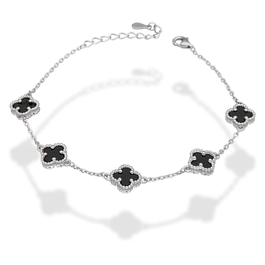 LPPD121 Pulsera Dama Mod 5 Trébol Negro 9 mm Ajustable de 17.5 cm a 21 cm en Plata .925