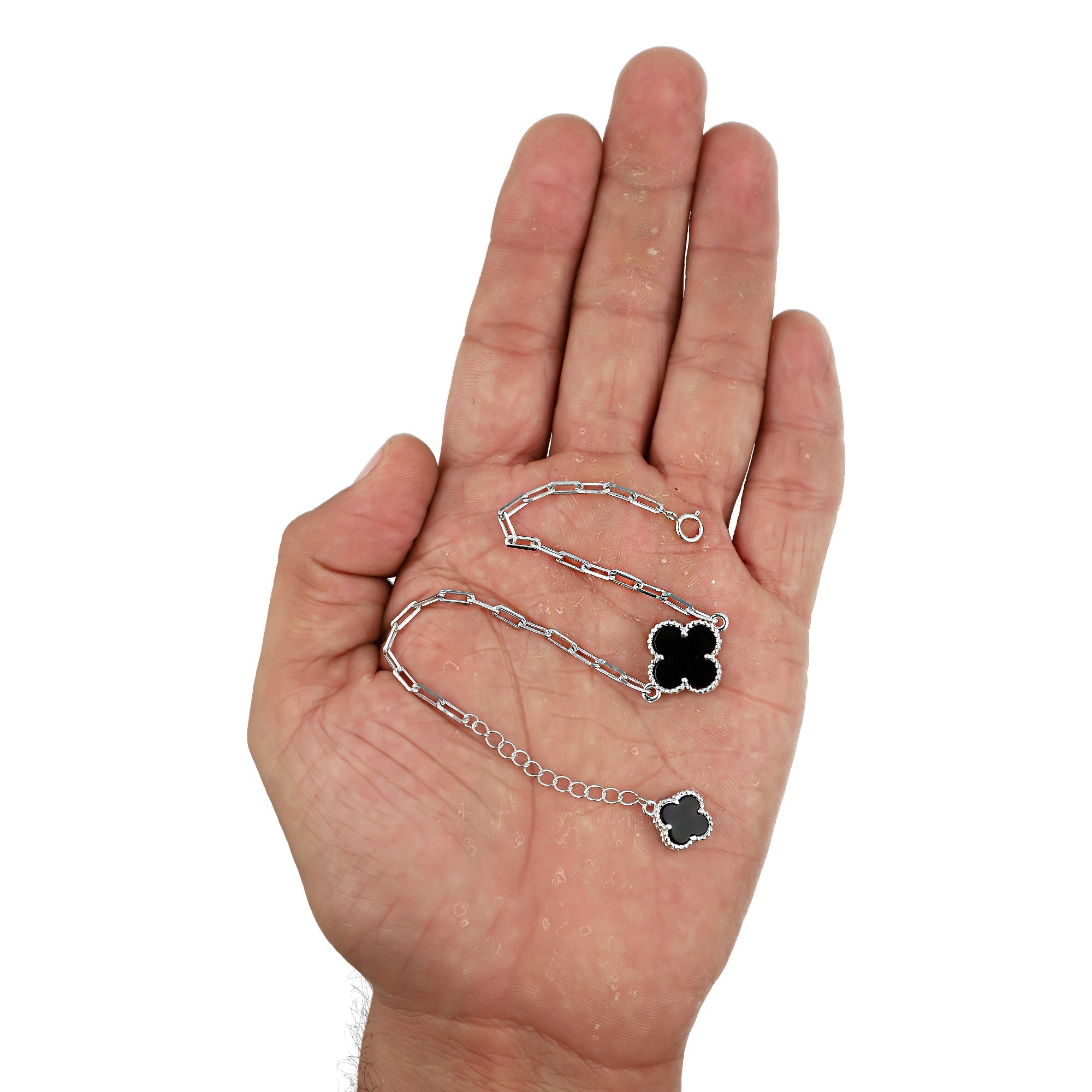 LPPD122 Pulsera Dama Mod 1 Trébol Negro + 1 Colgante Eslabón Milán Ajustable de 17 a 20 cm en Plata .925