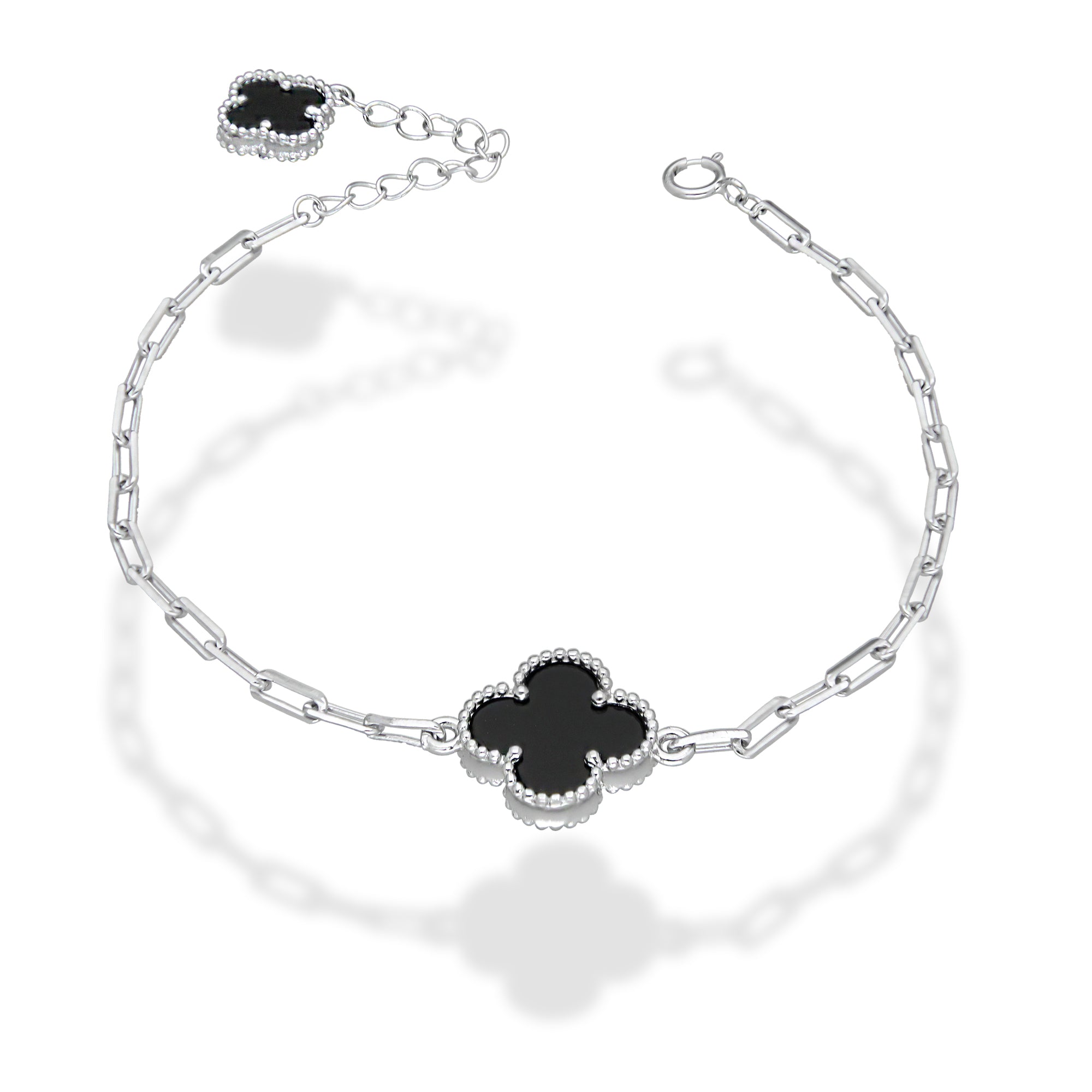 LPPD122 Pulsera Dama Mod 1 Trébol Negro + 1 Colgante Eslabón Milán Ajustable de 17 a 20 cm en Plata .925