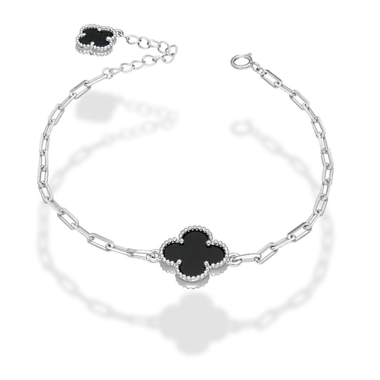 LPPD122 Pulsera Dama Mod 1 Trébol Negro + 1 Colgante Eslabón Milán Ajustable de 17 a 20 cm en Plata .925
