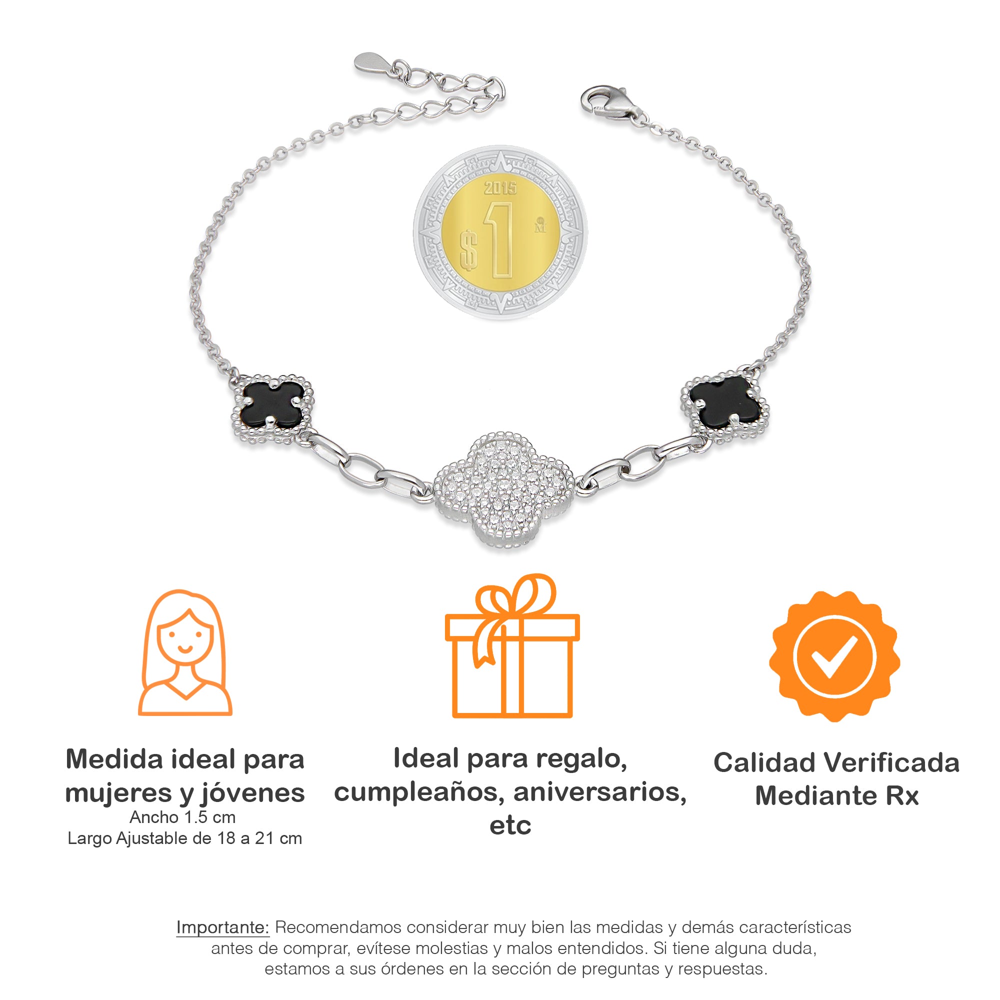 LPPD123 Pulsera Dama Mod 1 Trébol Blanco Gd con Zirconia y 2 Negros Ch Ajustable de 18 a 21 cm en Plata .925