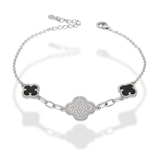 LPPD123 Pulsera Dama Mod 1 Trébol Blanco Gd con Zirconia y 2 Negros Ch Ajustable de 18 a 21 cm en Plata .925