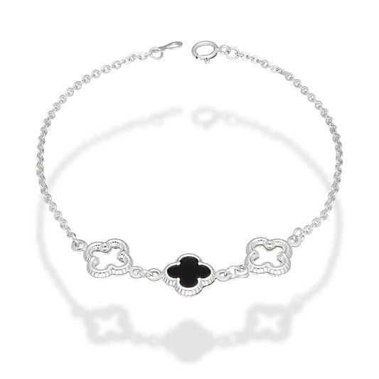 LPPD125 Pulsera Dama Mod 1 Trébol Negro y 2 Calados 1 cm x 19 cm en Plata .925
