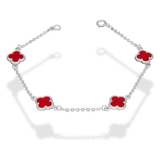 LPPD126 Pulsera Dama Mod 4 Trébol Rojo 1 cm x 18 cm en Plata .925