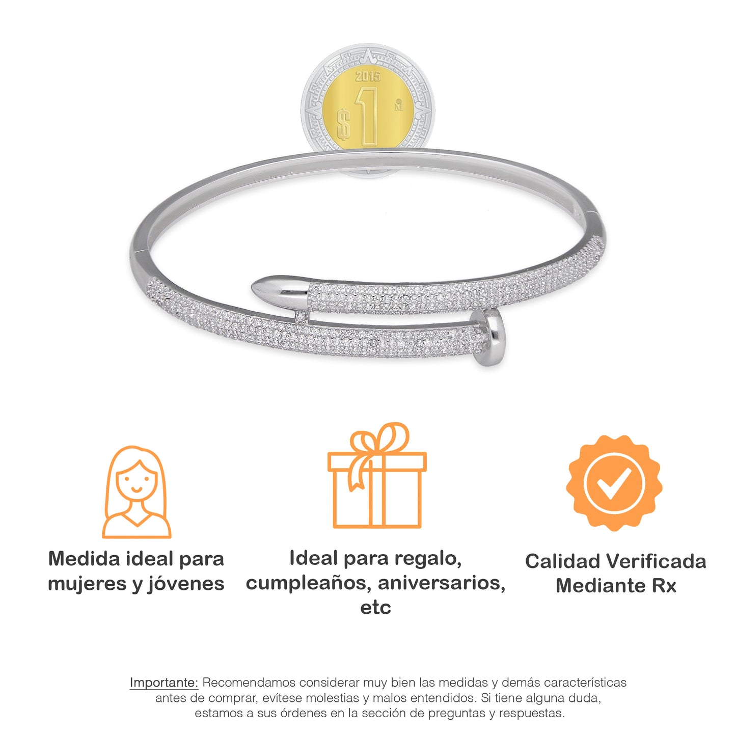 LPPD129 Pulsera Brazalete Dama Mod Clavo con Zirconias en Plata .925