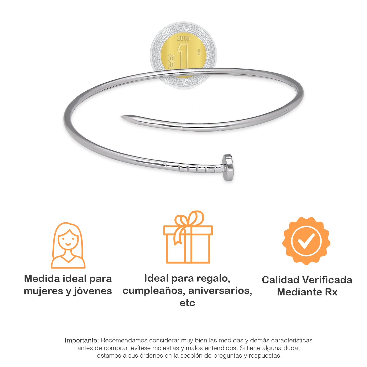 LPPD130 Pulsera Brazalete Dama Mod Clavo Liso en Plata .925