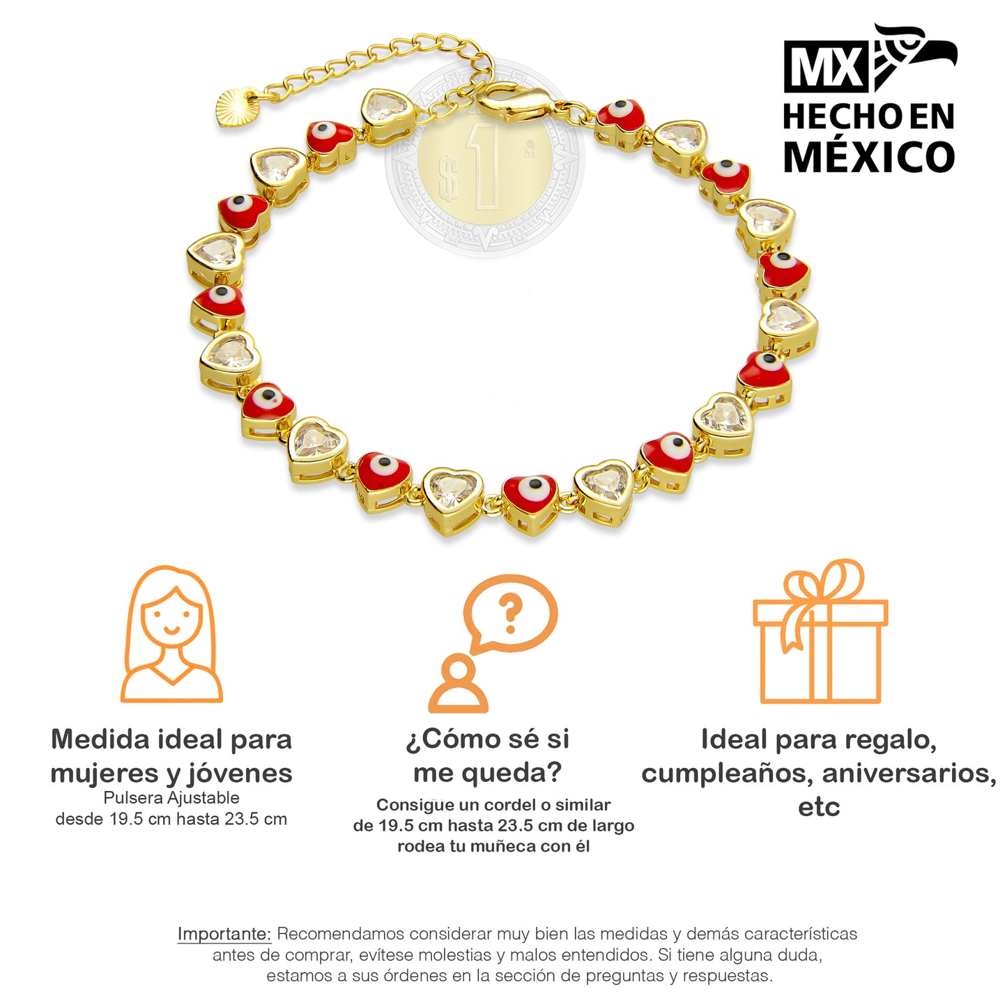 LPPG008 Pulsera Ajustable Ojitos Corazones Oro Laminado 18 K 2146432059