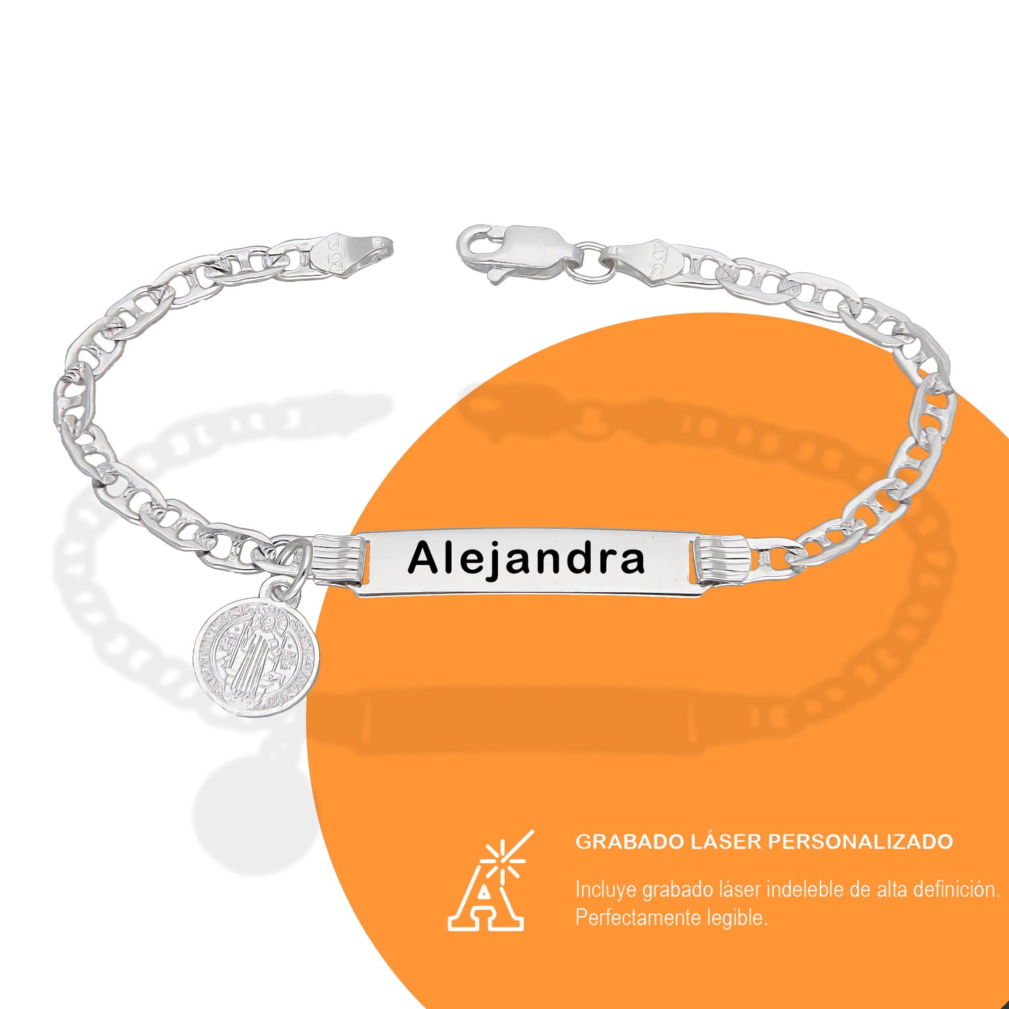 LPPN004 Esclava Gusi Colgante San Benito Grabado Laser 16 Cm de Largo Plata .925