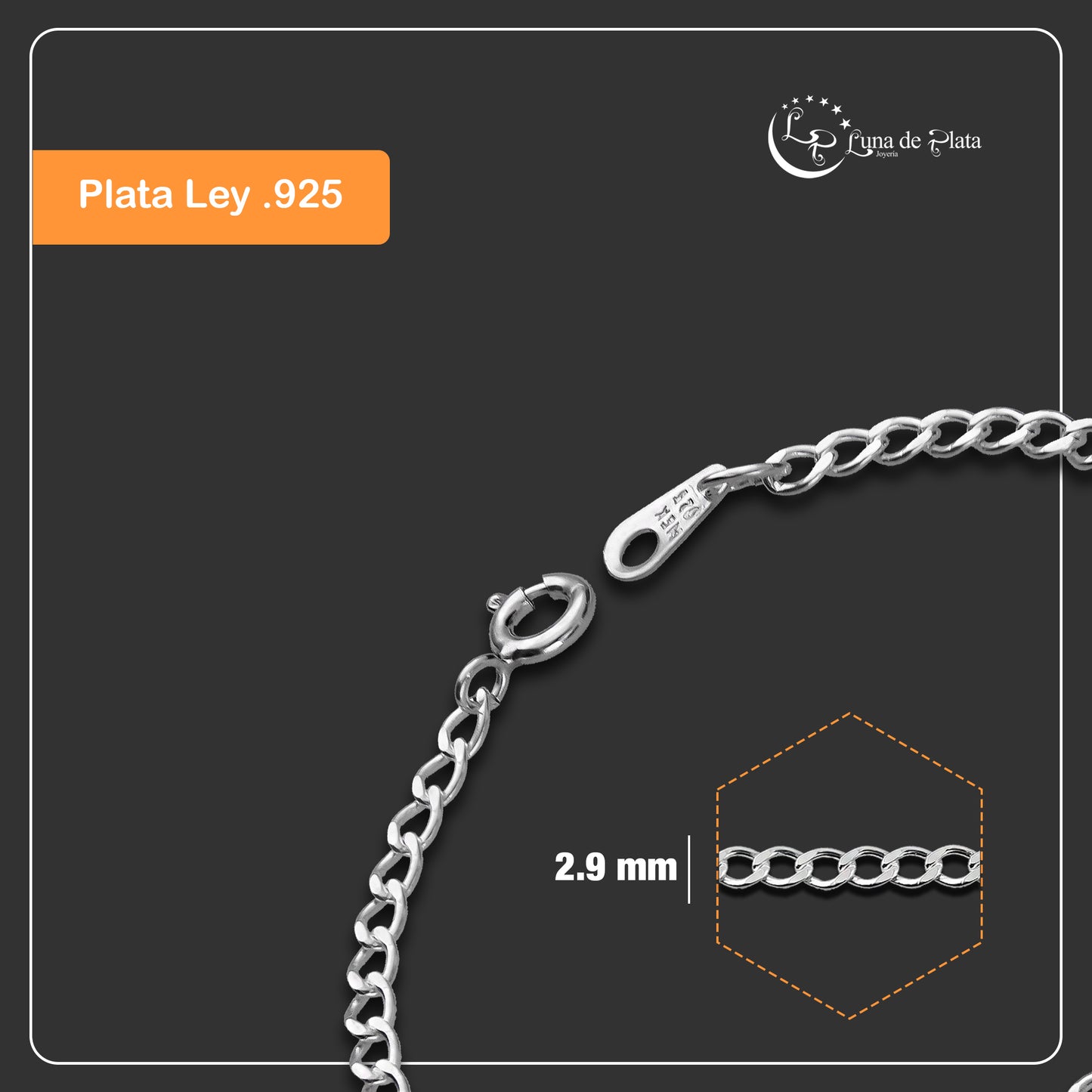 LPPN029-16 Pulsera Mod Cubana Ame Lisa 16 cm x 2.9 mm en Plata Ley .925 3326543566