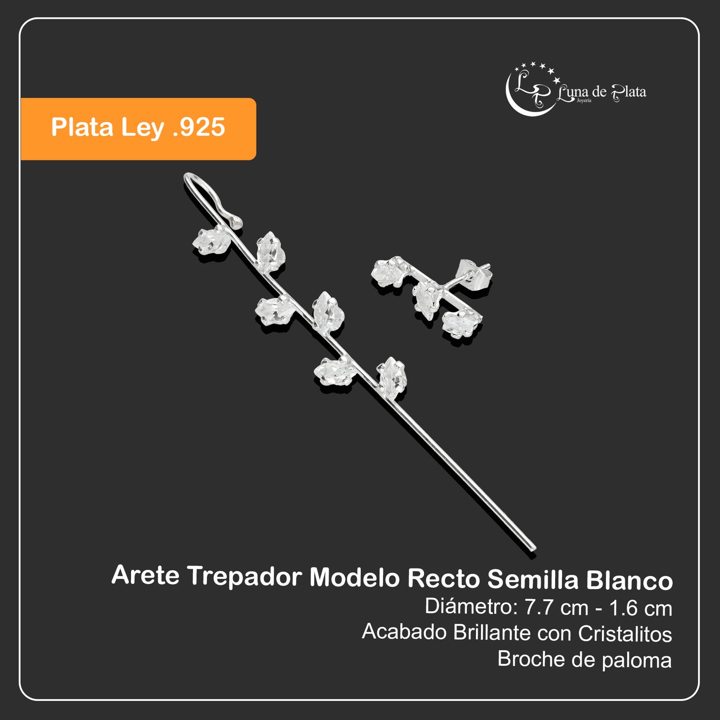 LPTR003 Arete Trepador Plata .925 Mod Recto Semilla Taxco Blanco MLM912697915