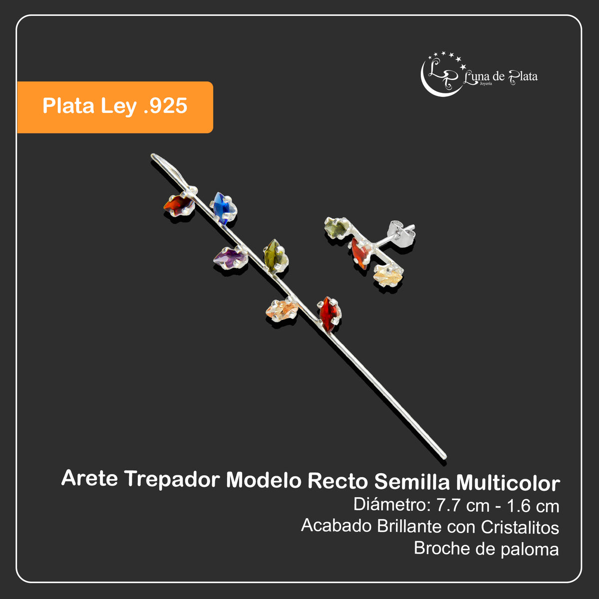 LPTR004 Arete Trepador Plata .925 Mod Recto Semilla Taxco Multicolor MLM912697915