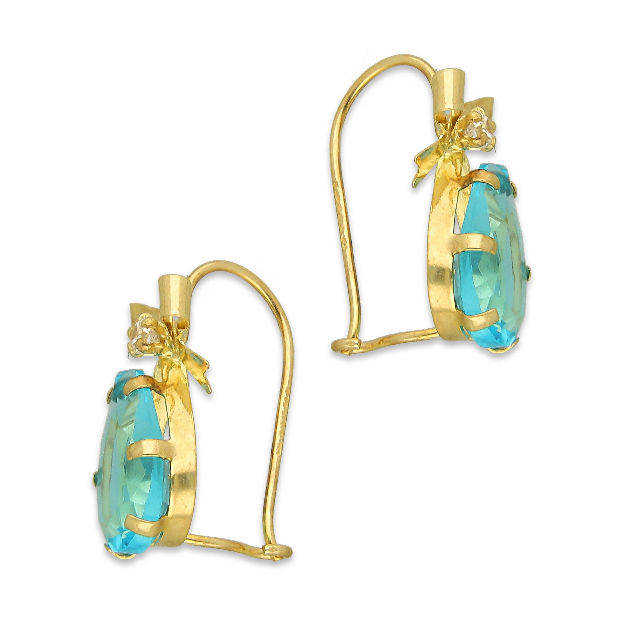 MR10AR020 Arete Arillo Oro Sólido 10K Modelo Moño con Gota Colgante Azul Cielo 1.6 cm de Diámetro