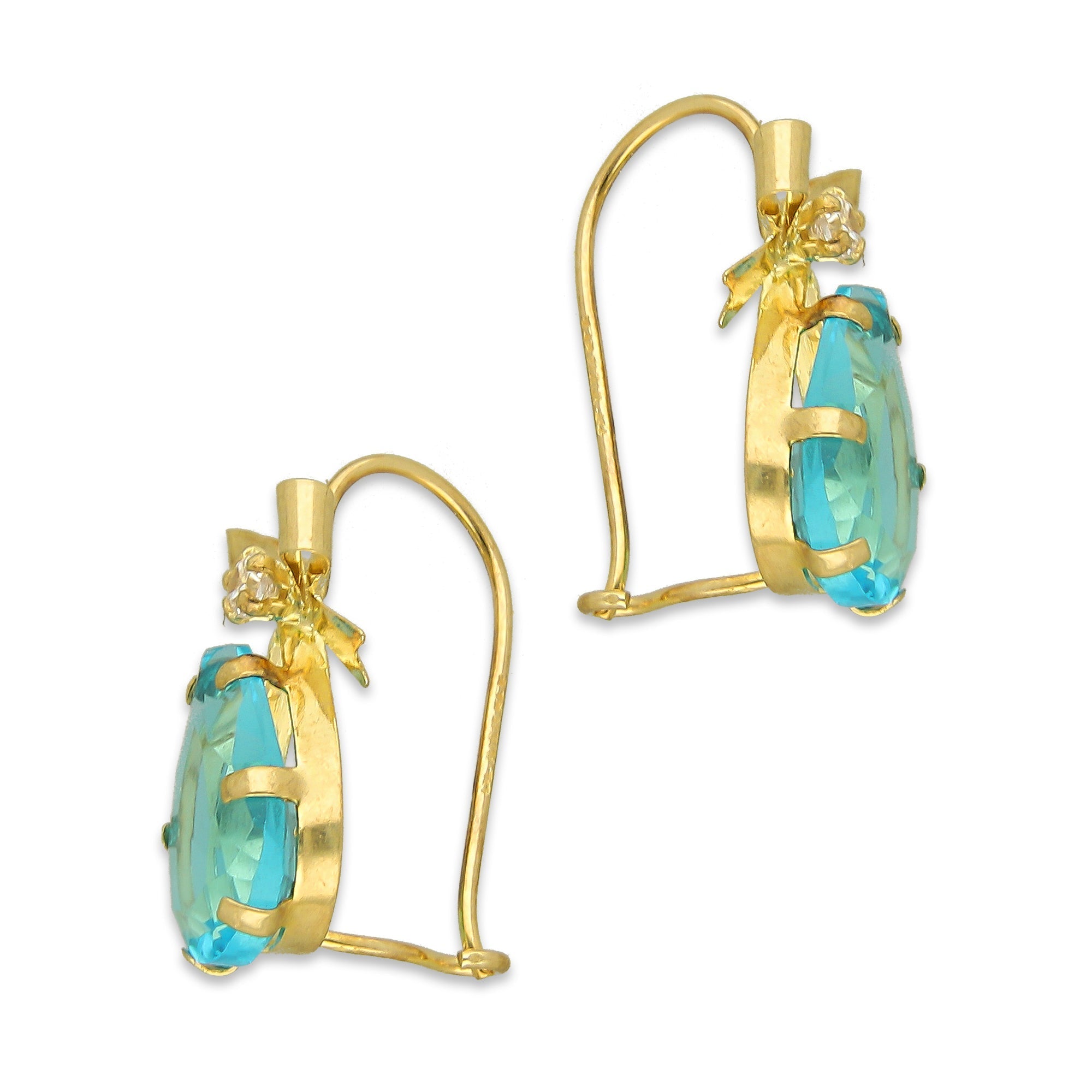 MR10AR020 Arete Arillo Oro Sólido 10K Modelo Moño con Gota Colgante Azul Cielo 1.6 cm de Diámetro