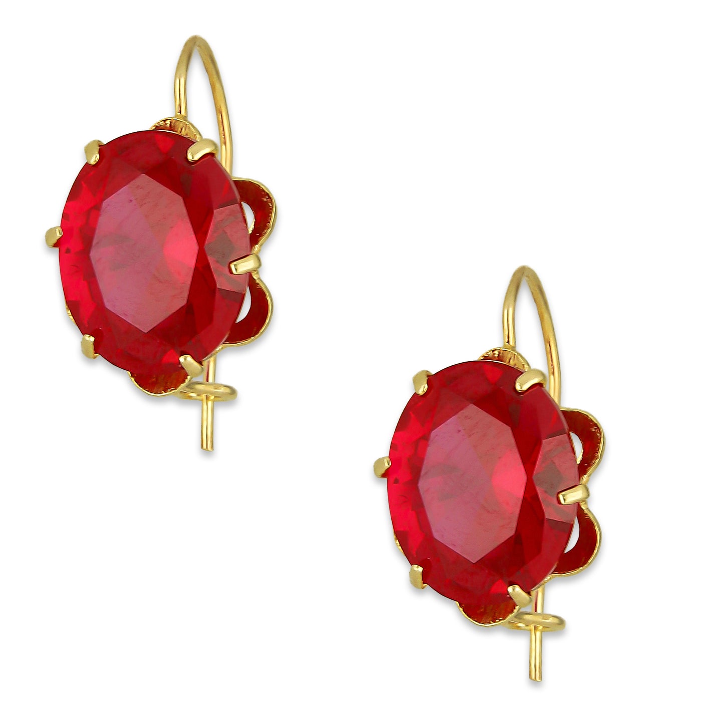 MR10AR024 Arete Arillo Oro Sólido 10K Modelo Zirconia Roja Ovalada con Base Olan 1.5 cm de Diámetro