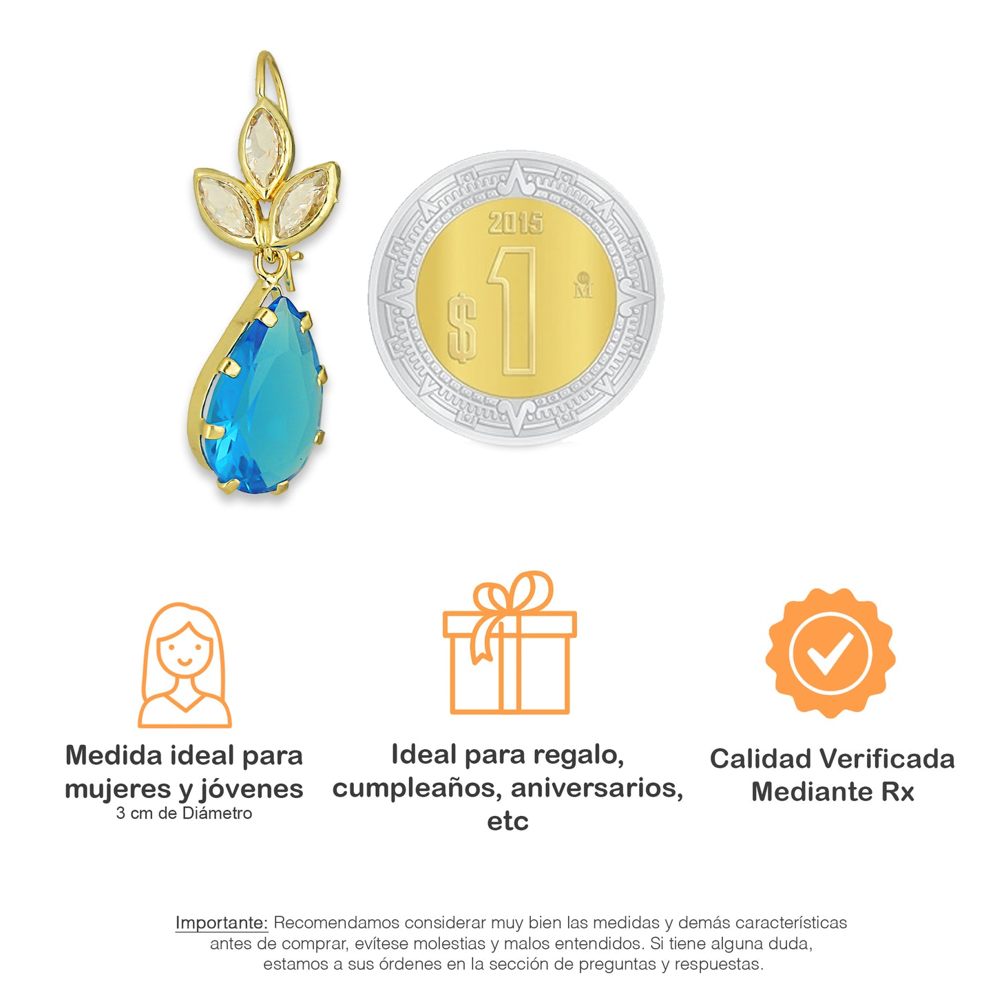 MR10AR027 Arete Arillo Oro Sólido 10K Modelo 3 Hojitas con Gota Azul Colgante 3 cm de Diámetro