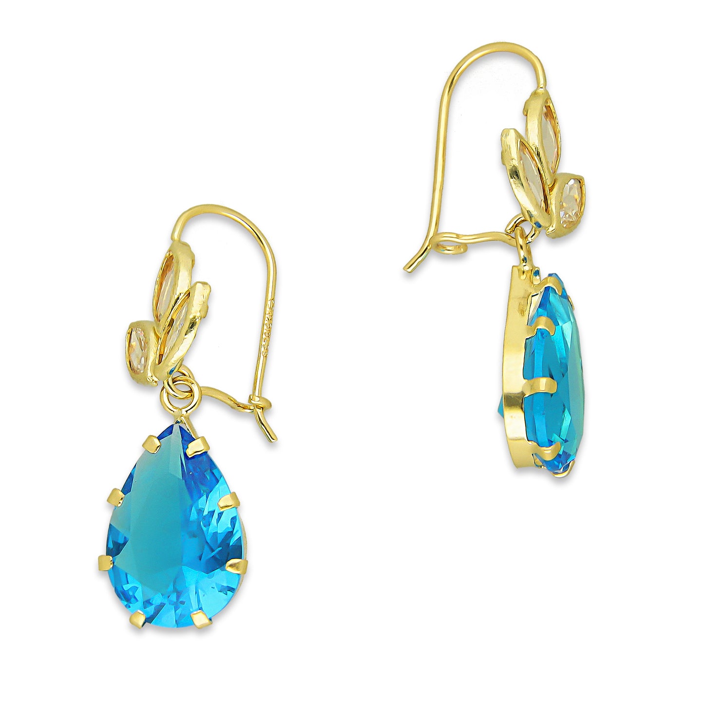 MR10AR027 Arete Arillo Oro Sólido 10K Modelo 3 Hojitas con Gota Azul Colgante 3 cm de Diámetro