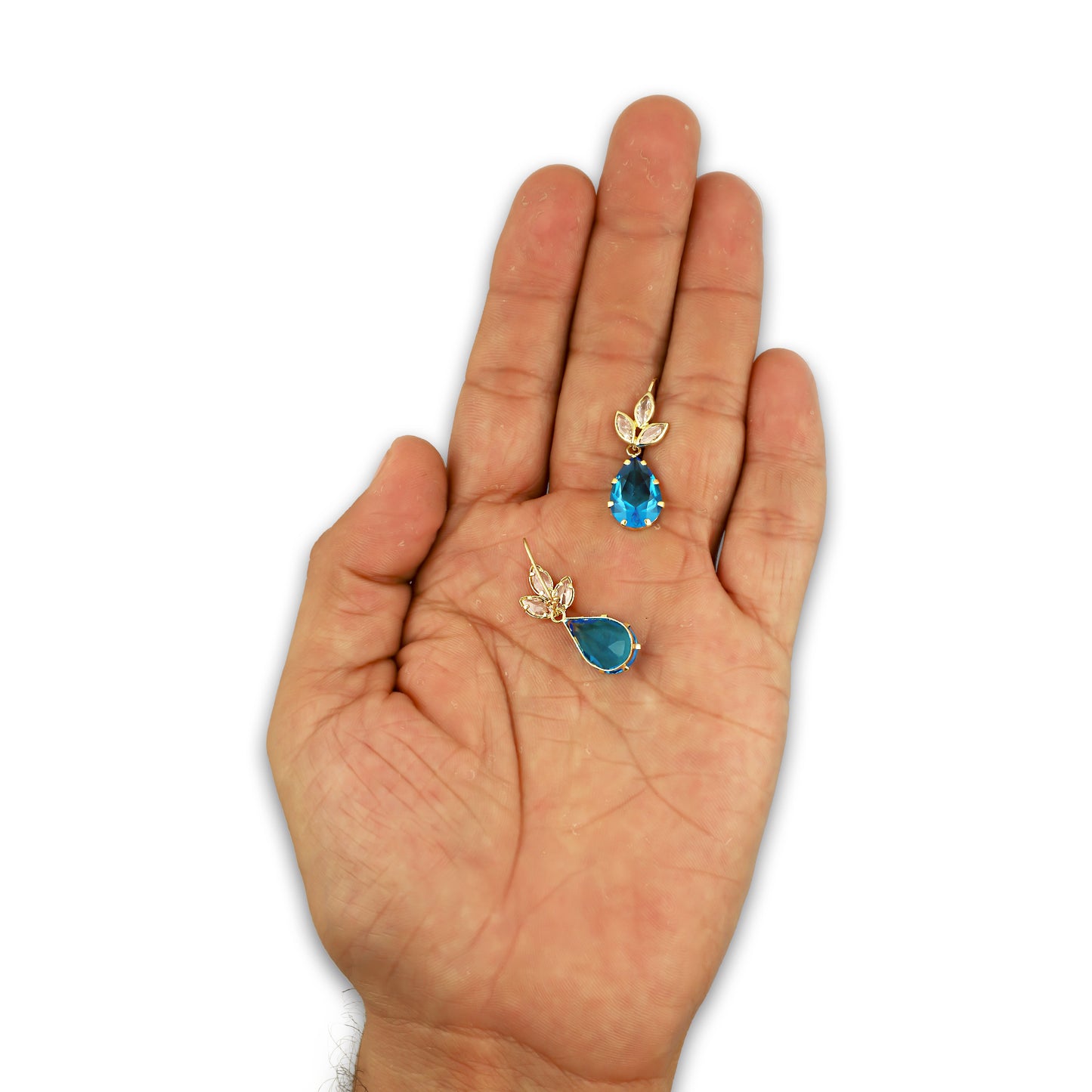 MR10AR027 Arete Arillo Oro Sólido 10K Modelo 3 Hojitas con Gota Azul Colgante 3 cm de Diámetro