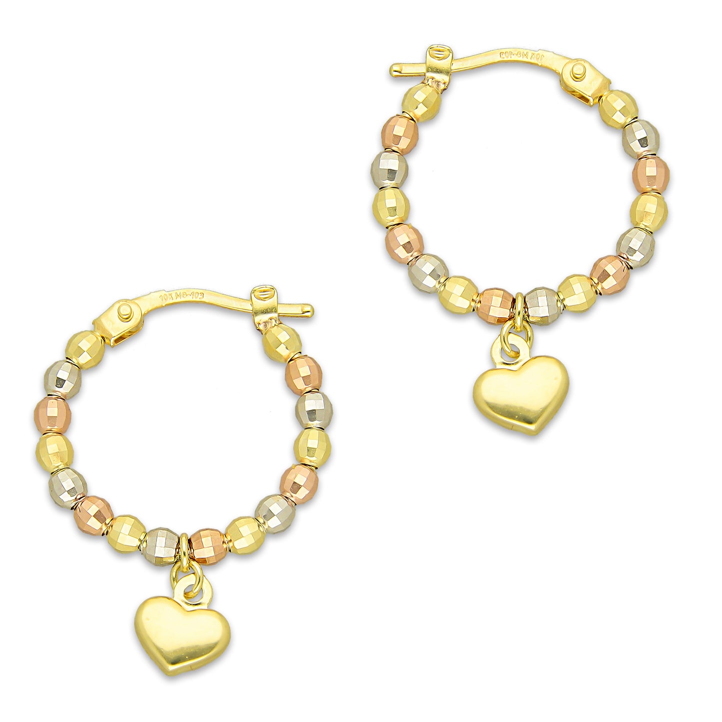 MR10AR032 Arete Arracada Oro Sólido 10K EMF10 Modelo Bolitas con Corazón Colgante Abultado Diámetro 1.2 cm