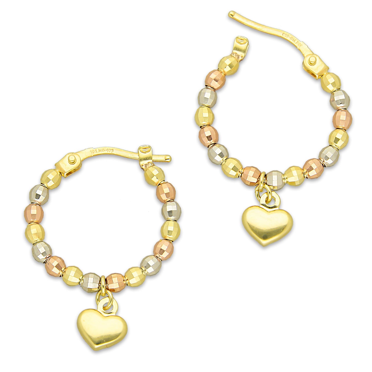 MR10AR032 Arete Arracada Oro Sólido 10K EMF10 Modelo Bolitas con Corazón Colgante Abultado Diámetro 1.2 cm